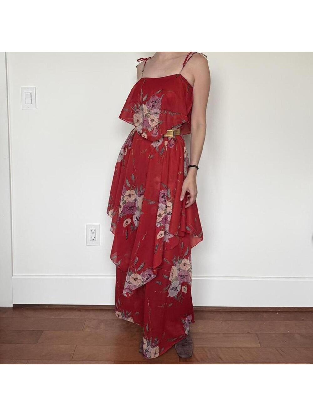 Vintage 70s floral handkerchief maxi dress Sz 3/4